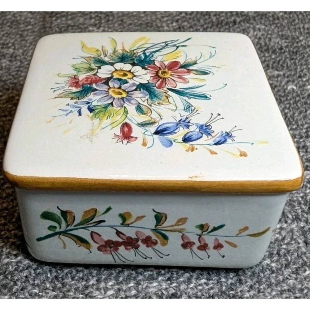 Vintage KV Ker-Vitrel Ceramic Trinket Box France Hand Painted Floral Square